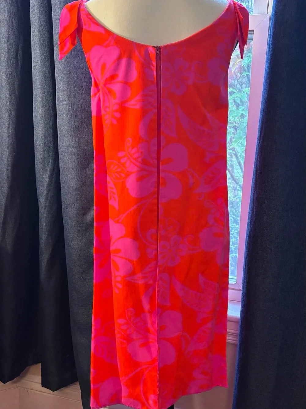 Vintage Vibrant Pink and Orange Floral Midi Dress w/Tie-Shoulder Detail -Size 8
